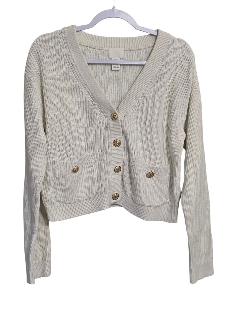 H&M White Ribbed Cardigan S Gold Buttons Old Money Preppy Grandma Parisian